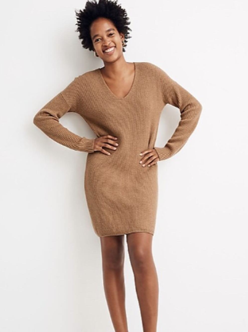 Madewell Wool Blend Long Sleeve V-Neck Sweater Mini Dress Tan Size Medium